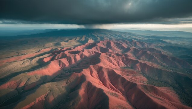 Aerial view of rugged red mountains under a dramatic cloudy sky showcasing natural textures and colors - Powered by Adobe