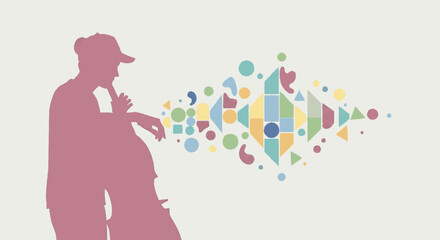Obraz premium Silhouette of a musician playing a double bass with colorful abstract sound waves.