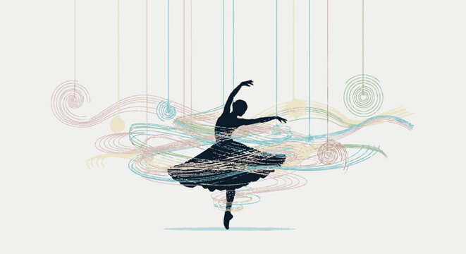 Silhouette of a graceful ballerina puppet dancing on strings.
