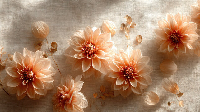 Elegant peach dahlia flowers arranged on a textured neutral background. These beautiful dahlias are perfect for adding a touch of natural beauty to any design project