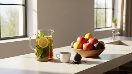 Minimalist Kitchen Counter With Organic Fruits and Herbal Infusions