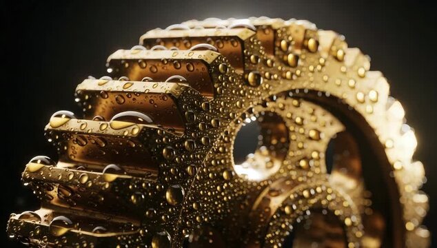 Golden mechanical gear with water droplets. High-detail macro shot of wet metallic cogwheel, luxury industrial design concept, precision engineering, shining gold texture in dramatic lighting.