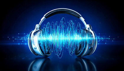 Stunning visual of sleek headphones enveloped by vibrant blue sound waves. Perfect for music, technology, and audio concepts.  Ideal for websites, album art, or advertising.