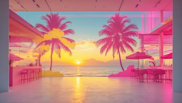 Colorful sunset view through large windows with palm trees silhouettes and ocean waves