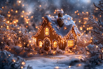 Fototapeta premium Generative ai image of cute gingerbread cookie house in snowy winter forest with festive christmas lights and decorations