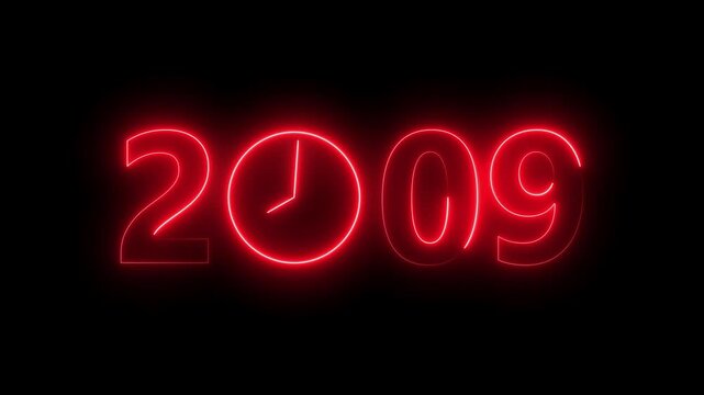 2009 digital text celebration and Calendar neon bright red color animation. Clock icon timer concept on black background.