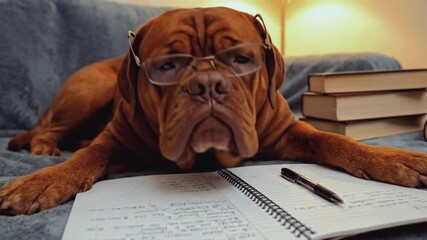 Tired Dogue de Bordeaux dog wearing glasses sleeping on a notebook. Funny animal concept of a student exhausted from studying or homework - Powered by Adobe