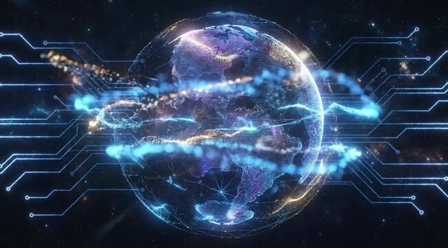 A glowing digital planet is connected to a futuristic circuit board pattern.