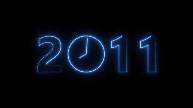 2011 digital text celebration and Calendar neon bright royal blue color animation. Clock icon timer concept on black background.