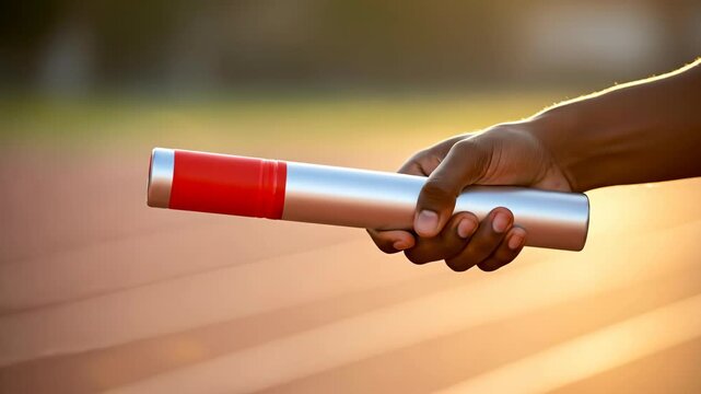 Two hands exchanging a baton during a relay race at sunset.