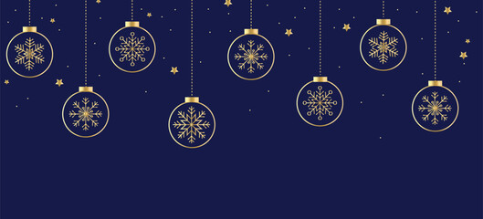 Christmas and New Year garland with golden balls and snowflakes on the blue background. Winter holiday horizontal banner. 