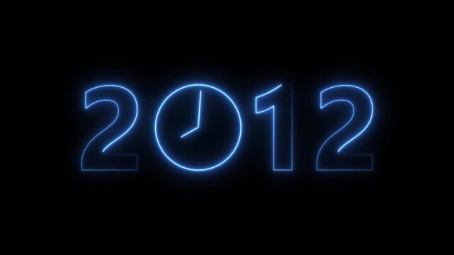2012 digital text celebration and Calendar neon bright royal blue color animation. Clock icon timer concept on black background.