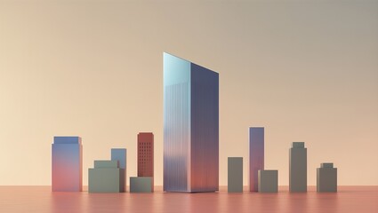 Fototapeta premium Futuristic city skyline with geometric buildings reflecting warm sunset colors, calm atmosphere