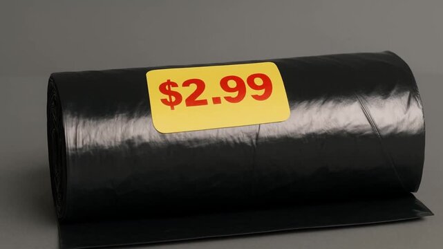 cost living groceries concept. Roll of black garbage bags with a price tag displayed prominently.