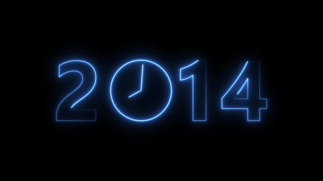 2014 digital text celebration and Calendar neon bright royal blue color animation. Clock icon timer concept on black background.