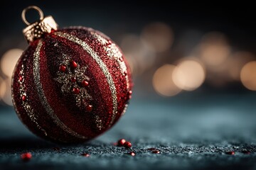 Red and gold glitter Christmas bauble with close-up light reflections, luxurious holiday decoration ideal for premium seasonal marketing.