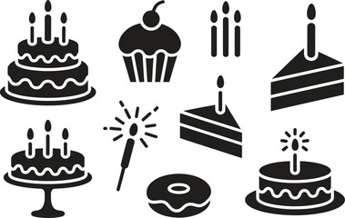 Silhouette Celebration and Cake Icons Set. Birthday, Cake, Cupcake, Candles, Party Vector Illustration
