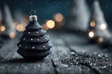 Black glitter Christmas tree ornament on snowy surface with bokeh lights, elegant festive still life ideal for luxury winter campaigns.
