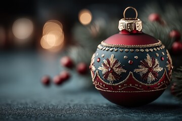 Red and blue luxury Christmas bauble with golden details and pine branches, premium winter decor for holiday branding and festive design.