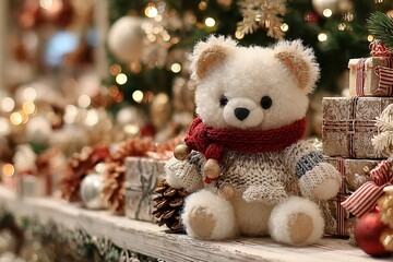 Plush teddy bear in red scarf with festive decor and gifts, heartwarming Christmas composition ideal for seasonal campaigns and winter branding.