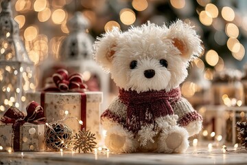 Fluffy teddy bear in red scarf surrounded by Christmas gifts, cozy festive decoration perfect for holiday lifestyle and family campaigns.