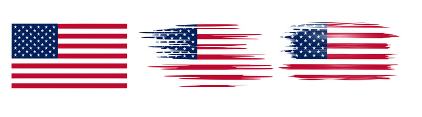 Set of three USA flag designs: a clean flag, a distressed brush stroke effect, and a speed/motion blurred style. Perfect for patriotic themes, national holidays, and graphic design projects.