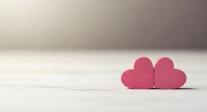 Two pink hearts together on white surface symbolizing love and romance - Powered by Adobe