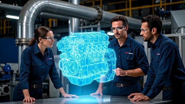 Engineers discuss a holographic engine in a modern industrial setting.