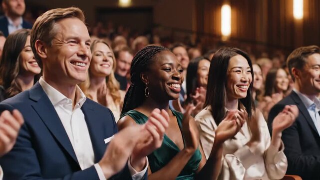 Diverse audience giving applause in slow motion. Happy multi-ethnic people smiling and clapping at a business conference. Success and appreciation concept