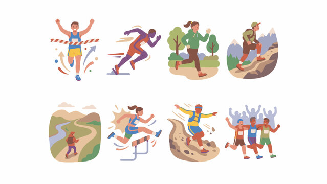 Runners and hikers set. Rounded flat vector-style illustrations of sprinting, jogging, hurdle jump, and trail running. Diverse athletes and friends for sports, marathon, and fitness apps.