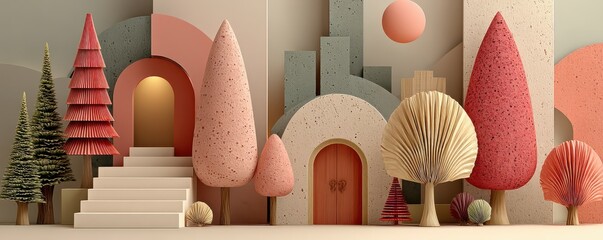 Cute 3D pastel Christmas tree scene with whimsical architecture and decorative trees for holiday decor
