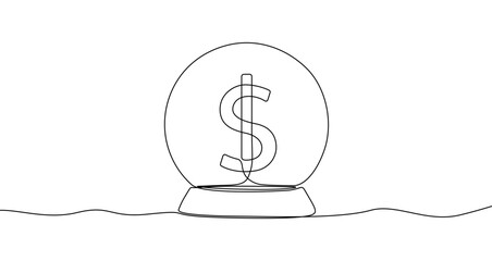 Dollar sign in a snow globe drawn by a continuous line. Financial forecasting in one line art style. Vector illustration for business concepts.