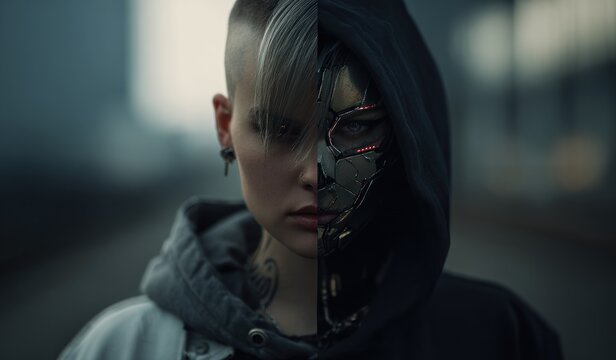 Woman with cybernetic face looking forward in futuristic setting