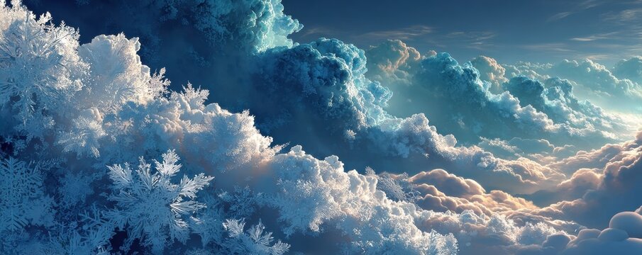 Delicate snowflakes drift over dramatic cloudscapes in a serene wintry background of blue light
