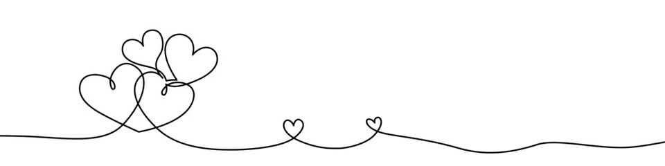 Group of hearts drawn with a continuous line. One line art symbolizing love, friendship, and celebration. Vector illustration for romance and holiday.