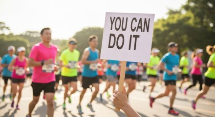 Hand holding motivational sign toward colorful marathon runners in motion, sunny day, dynamic shallow depth of field, energetic community support scene