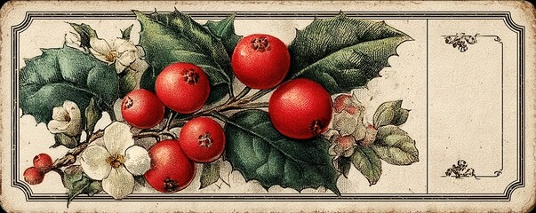 Vintage label with red berries, holly, and white flowers on a bordered rectangular design