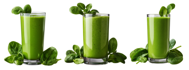Fresh green smoothie in glass surrounded by lettuce, cucumber, spinach, and apple, isolated on white background
