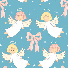 Cute bows and flying angel cartoon seamless pattern. Christmas background, vector illustration.
