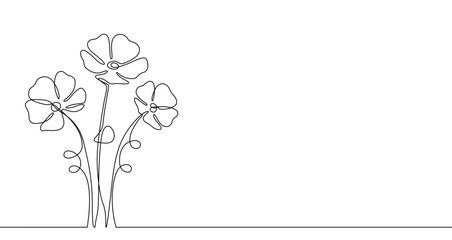 Drawing of three flowers on stems in one line art style. Floral illustration with editable stroke on a white background. Vector illustration.