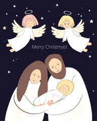 Christmas nativity scene of baby Jesus, Mary and Joseph, and happy angels. Hand drawn stylized bible illustration clipart isolated. Cartoon vector illustration in Scandinavian style.