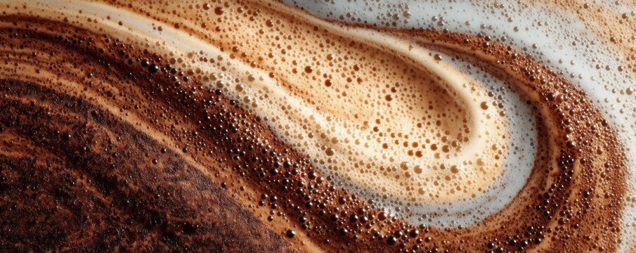 Close-up of coffee foam with swirling crema patterns in a warm cafe setting.