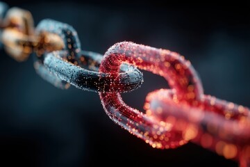 Close-up of two interconnected chains in blue and red, symbolizing bond and connectivity