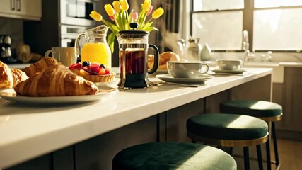 Bright kitchen scene with breakfast spread, flowers, and morning light - Powered by Adobe
