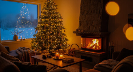Cozy living room interior with decorated Christmas tree, warm fireplace, snow and twinkling lights outside the window at night.