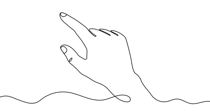 Drawing of a hand with the index finger touching a screen, in one line art style. Gesture illustration with editable stroke. Vector illustration.