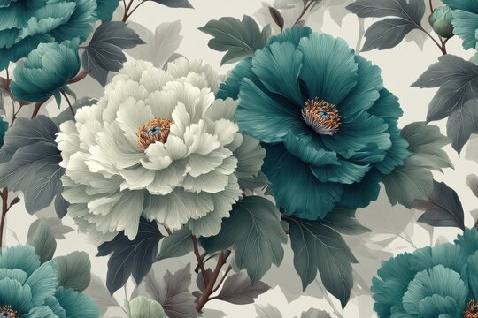 Elegant teal and gray floral pattern featuring large peonies and leafy backdrop for wallpaper and textiles