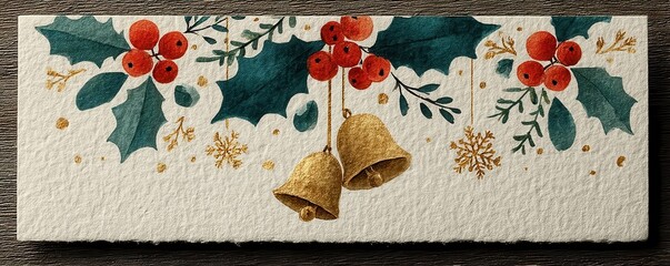 A light cream rectangular card decorated with holly, berries, bells, and snowflakes for Christmas