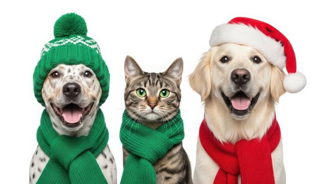 Festive pets trio: happy spotted dog in green hat and scarf, tabby cat in green scarf, joyful golden retriever in santa hat and red scarf.