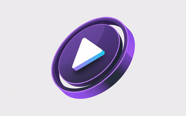 A play button icon with purple and white colors in a circular design on a white background studio shot